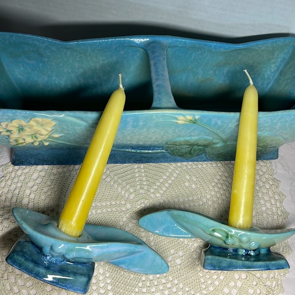 1948 Roseville Wincraft Blue Pottery Set Window Box Planter Candlesticks Vintage - Picture 13 of 17